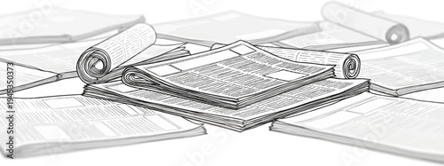 Stacked and rolled newspapers form a collage of news