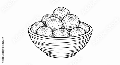 Black and white illustration of a bowl filled with spherical treats