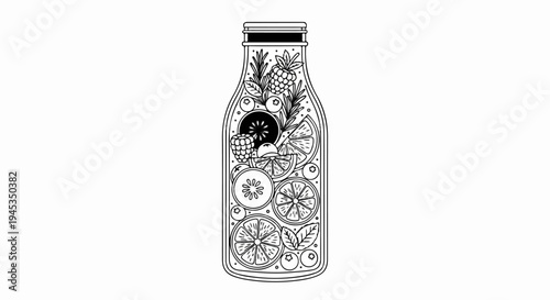 Stylized bottle filled with slices of citrus fruits, berries, and herbs