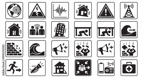 Black and white grid of 25 earthquake disaster icons and symbols for warning and emergency