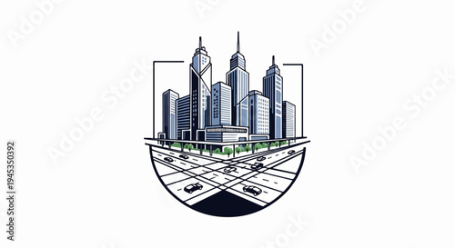 Stylized city skyline above intersecting highway with cars