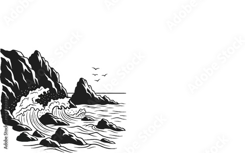 Stylized black and white illustration of a rugged coastline with crashing waves and flying birds