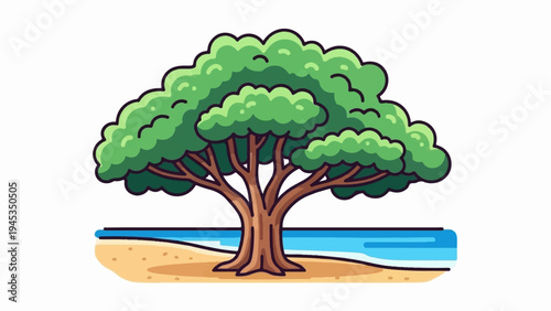 Stylized tree on a sandy beach with blue ocean waves