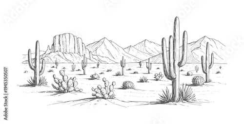 Hand drawn desert landscape with saguaro and prickly pear cacti cactus