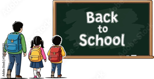 Three children with backpacks stand before a chalkboard with "Back to School" written