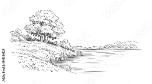 Hand drawn of a grassy riverbank with trees and distant hills handdrawn nature landscape