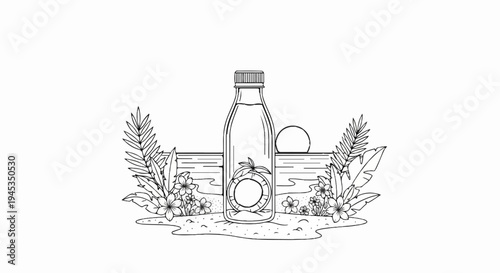 Tropical beverage bottle with coconut, flowers, and palm leaves