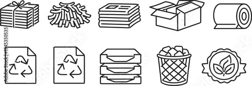 Collection of icons representing plastic recycling process and environmental sustainability
