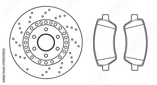 Detailed illustration of a brake rotor and brake pads, automotive parts for vehicle maintenance and repair.