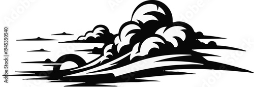 Stylized black and white clouds forming a dramatic skyscape