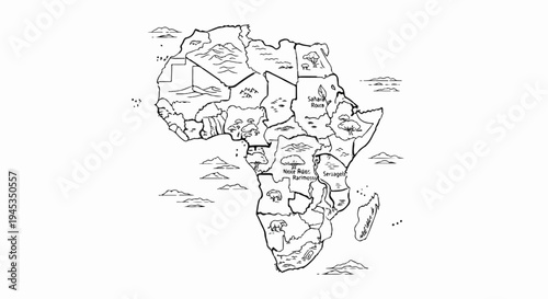 Black and white illustration of Africa with country borders, animals, and trees