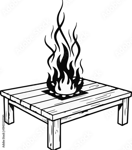 Simple illustration of flames erupting from a square opening on a wooden table