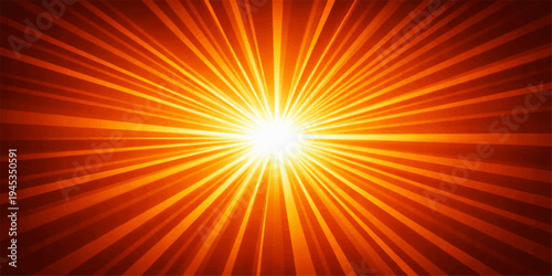 Bright orange sun burst vector illustration with glowing yellow rays and energy beams creating a hot summer sunrise explosion effect on an abstract bright background design