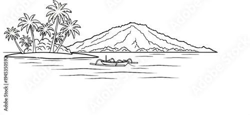Tropical island with palm trees, calm water, and a traditional boat offshore