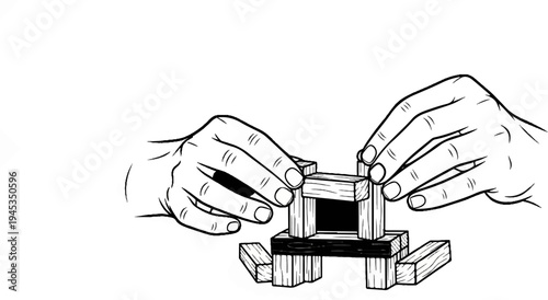 Two hands constructing a small wooden block structure with a dark center opening