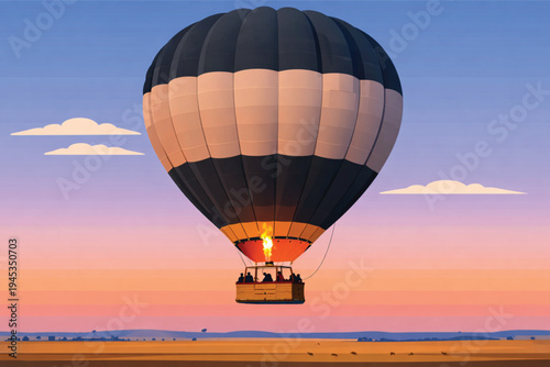 A colorful hot air balloon floats through the sky during a sunset flight, offering a high-altitude aerial adventure as the vibrant aircraft carries its basket on a fun travel transport journey
