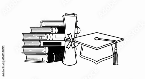 Stack of books, rolled diploma, and graduation cap