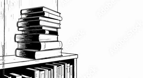 Stack of books on a shelf, with more books below