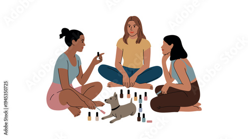 Three women sitting on the floor with a dog, painting their nails with various colors of nail polish
