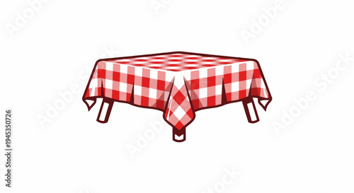 Square table covered with a red and white checkered tablecloth and four legs