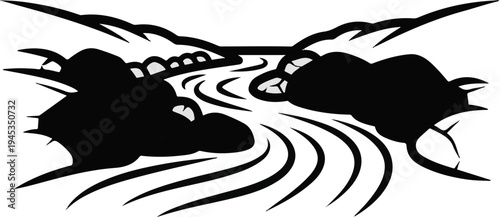 Stylized black and white depiction of a winding river flowing through a mountainous landscape