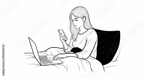 Woman in bed using laptop and phone, digital work, leisure