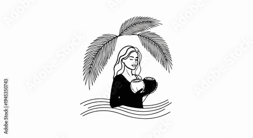Woman with coconuts under palm tree in the ocean