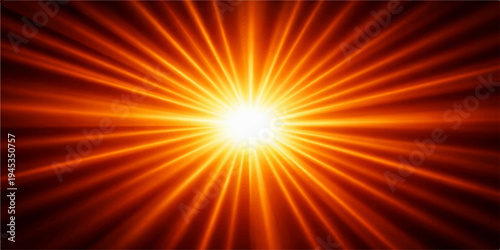 An abstract red vector background features a bright sunburst explosion of orange and yellow rays, creating a hot energy glow and fiery summer star burst illustration with a warm light texture