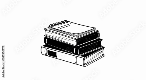 Stack of diverse books and a spiral notepad