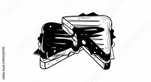 Stylized black and white illustration of a sandwich with dark, gooey filling