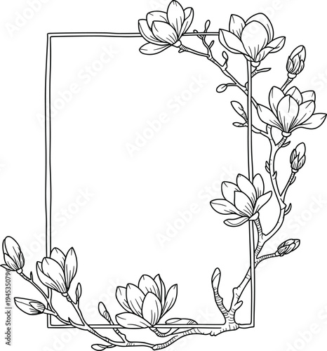 Elegant magnolia flower frame line art, floral border for wedding invitation, botanical branch sketch, decorative rectangle vector design