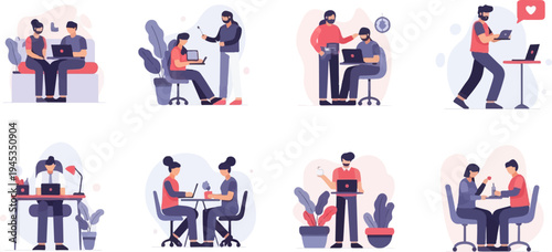 Diverse individuals collaborate, work, and interact digitally across various settings