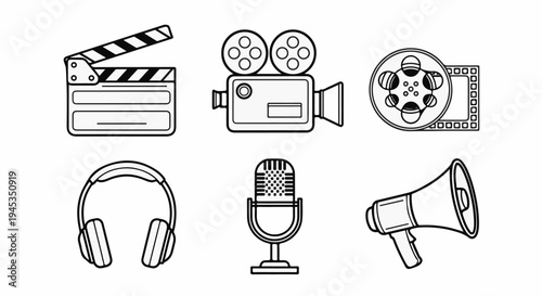 Six icons clapperboard, film camera, film reel, headphones, microphone, megaphone