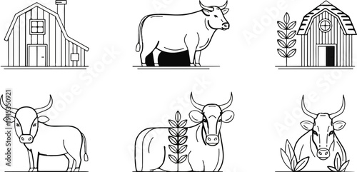 Six line drawings of farm buildings and cattle with foliage elements