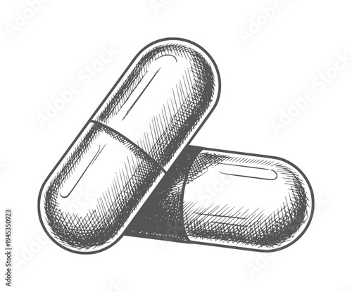 Two hand drawn capsules with hatching texture white pill medicine health medical