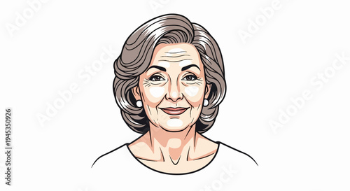 Stylized portrait of a smiling, mature woman with gray hair and pearl earrings