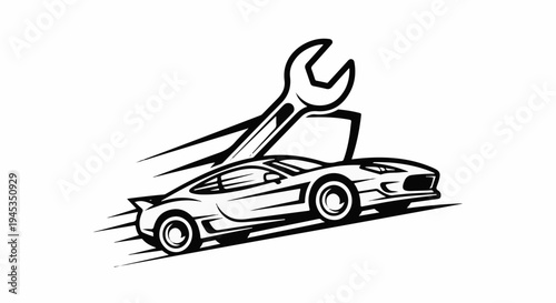 Sleek sports car with a large wrench, symbolizing auto repair and speed