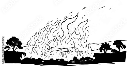 Stylized black and white drawing of a large conflagration engulfing structure