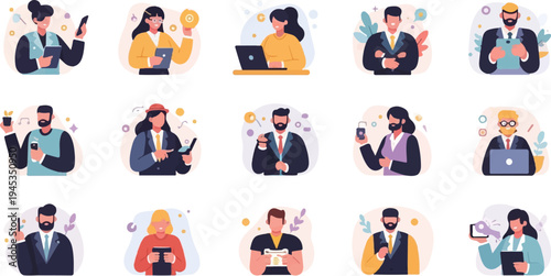 Collection of diverse individuals engaged in various modern business activities