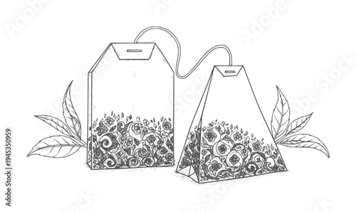 Two tea bags with floral patterns and leaves in style leaf