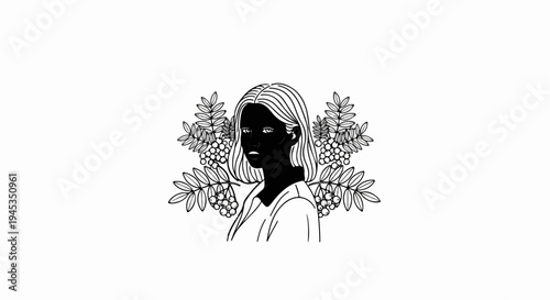 Stylized portrait of a woman framed by rowan branches