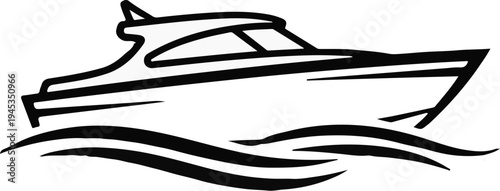 Sleek motorboat glides through stylized waves in a clean, graphic outline