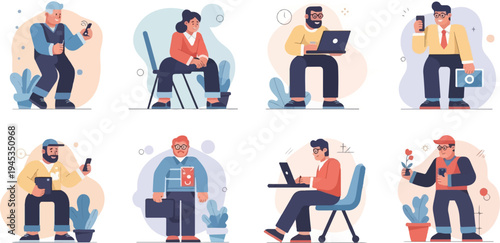 Cartoon characters in various casual poses, some using devices and interacting with plants