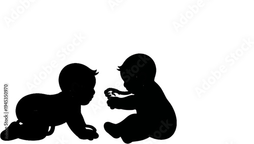 Silhouette of two babies interacting, one crawling, one seated