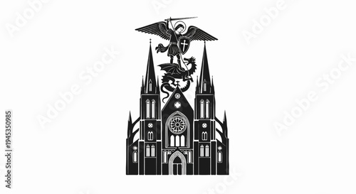 Ornate cathedral facade with angelic figure battling dragon atop spires