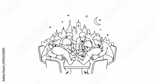 Six men in suits huddle around a table, pointing, with a city skyline and moon above