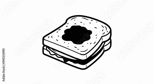 Stylized black and white drawing of a layered sandwich with jam filling