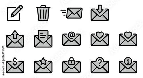 Collection of various email icons in a grid, representing communication and digital correspondence.