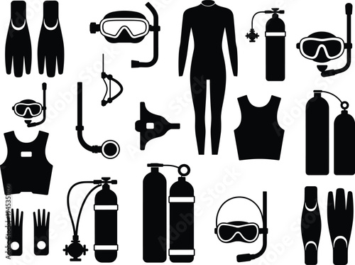 Scuba diving equipment silhouettes collection, diving suit mask fins oxygen tanks snorkel gear set, underwater sport vector illustration