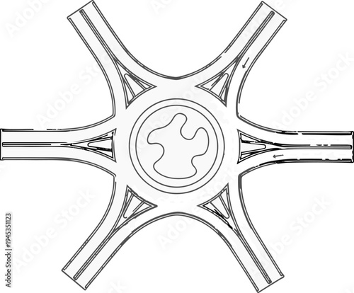 Six-way traffic interchange diagram with a central circular island